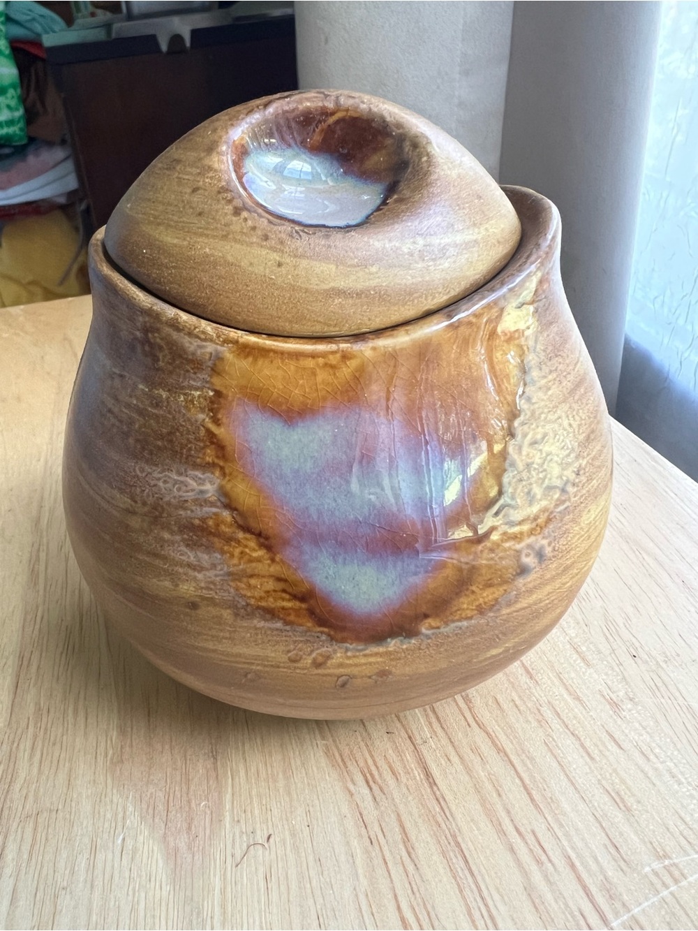 Sango Brown Ceramic Jar with Iridescent Blue-Purple Heart Accent